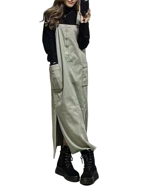 Women's Relaxed Fit Overall Dress with Side Slits-Jumpsuits & Overalls-Camoufit