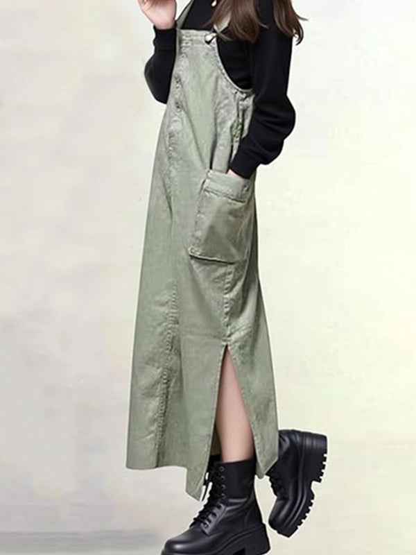 Women's Relaxed Fit Overall Dress with Side Slits-Jumpsuits & Overalls-Camoufit
