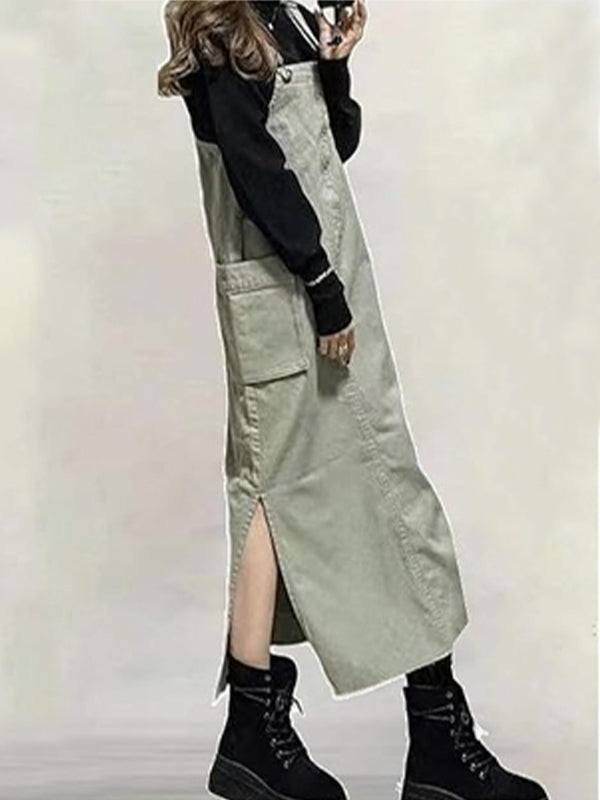 Women's Relaxed Fit Overall Dress with Side Slits-Jumpsuits & Overalls-Camoufit