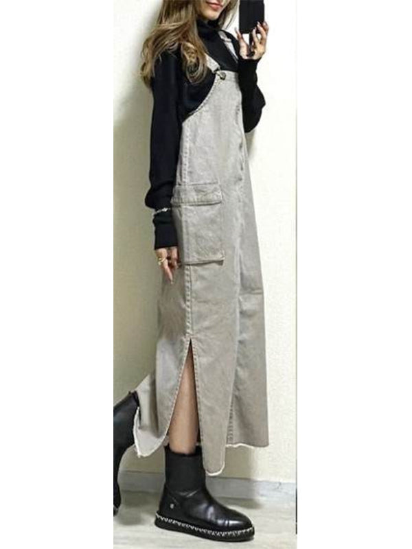 Women's Relaxed Fit Overall Dress with Side Slits-Jumpsuits & Overalls-Camoufit