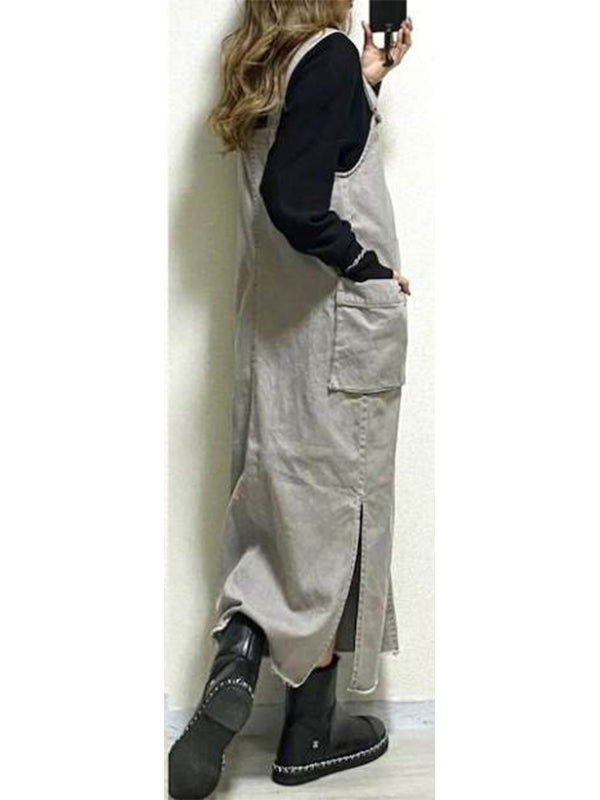 Women's Relaxed Fit Overall Dress with Side Slits-Jumpsuits & Overalls-Camoufit