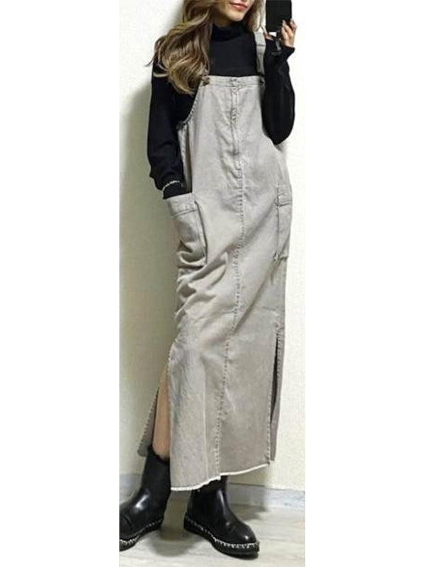 Women's Relaxed Fit Overall Dress with Side Slits-Jumpsuits & Overalls-Light Gray-S-Camoufit