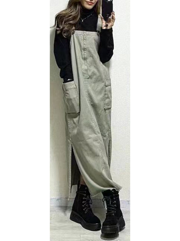 Women's Relaxed Fit Overall Dress with Side Slits-Jumpsuits & Overalls-Light Olive-S-Camoufit