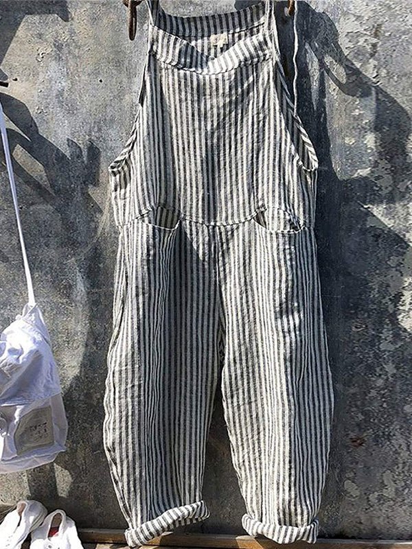 Women's Striped Wide Leg Overalls-Jumpsuits & Overalls-CAMOUFIT-Black-S-Camoufit