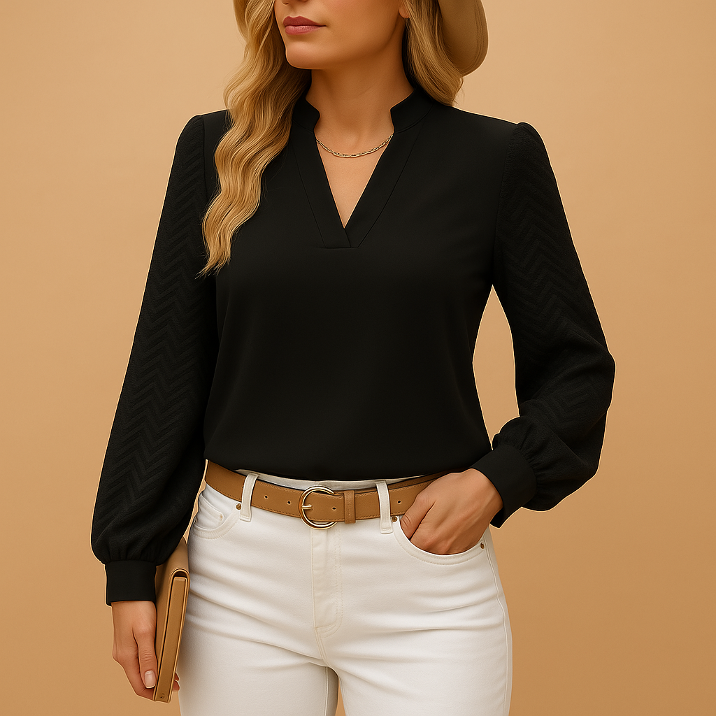 Vayelle | Long Sleeve Blouse for Women - V Neck Textured Button Cuff Regular Elegant Fit-Women's Blouse-Black-S-Camoufit