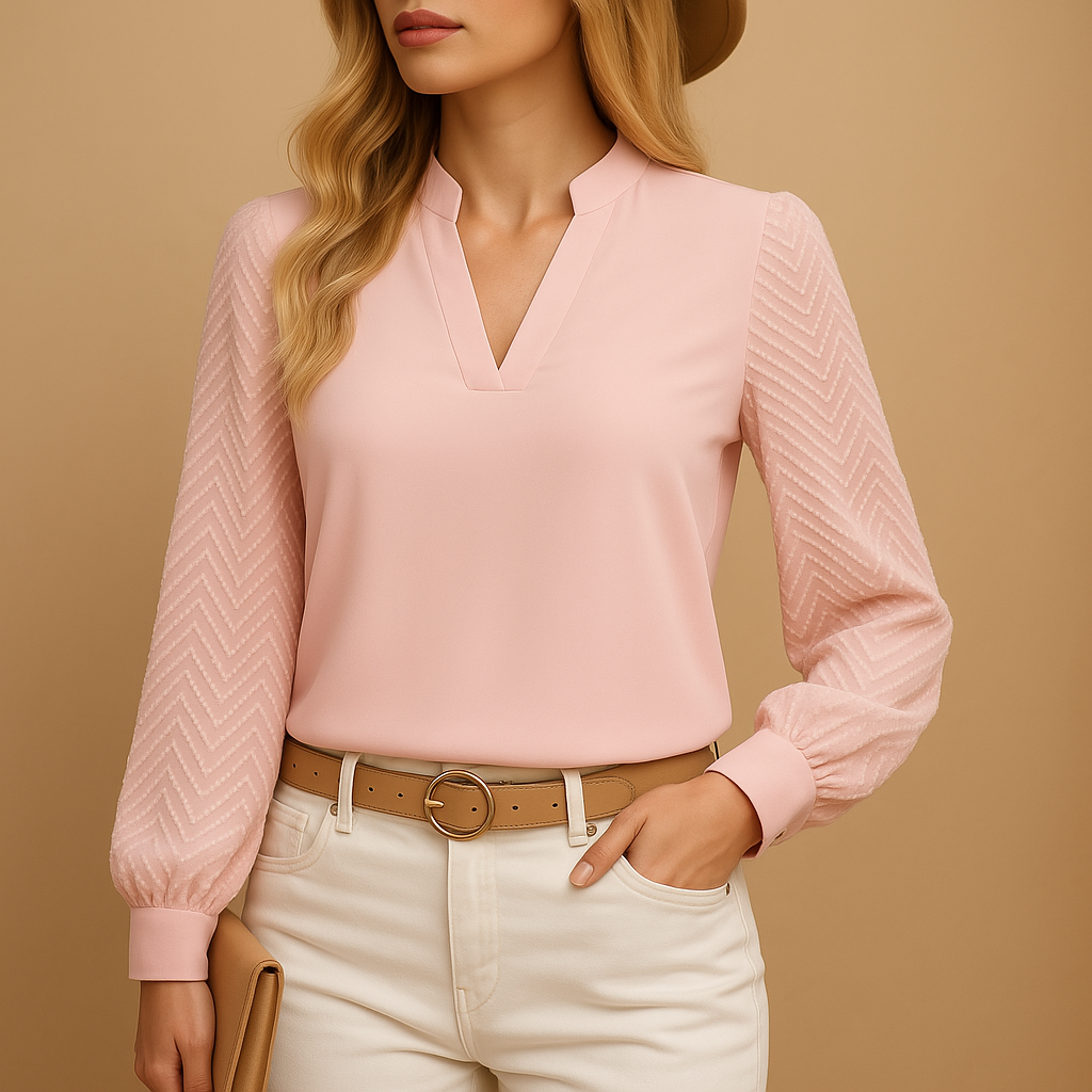 Vayelle | Long Sleeve Blouse for Women - V Neck Textured Button Cuff Regular Elegant Fit-Women's Blouse-Pink-S-Camoufit