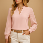 Vayelle | Long Sleeve Blouse for Women - V Neck Textured Button Cuff Regular Elegant Fit-Women's Blouse-Pink-S-Camoufit