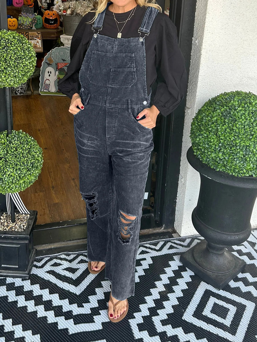 Women’s Vintage-Inspired Distressed Corduroy Overalls-Jumpsuits & Overalls-Black-S-Camoufit