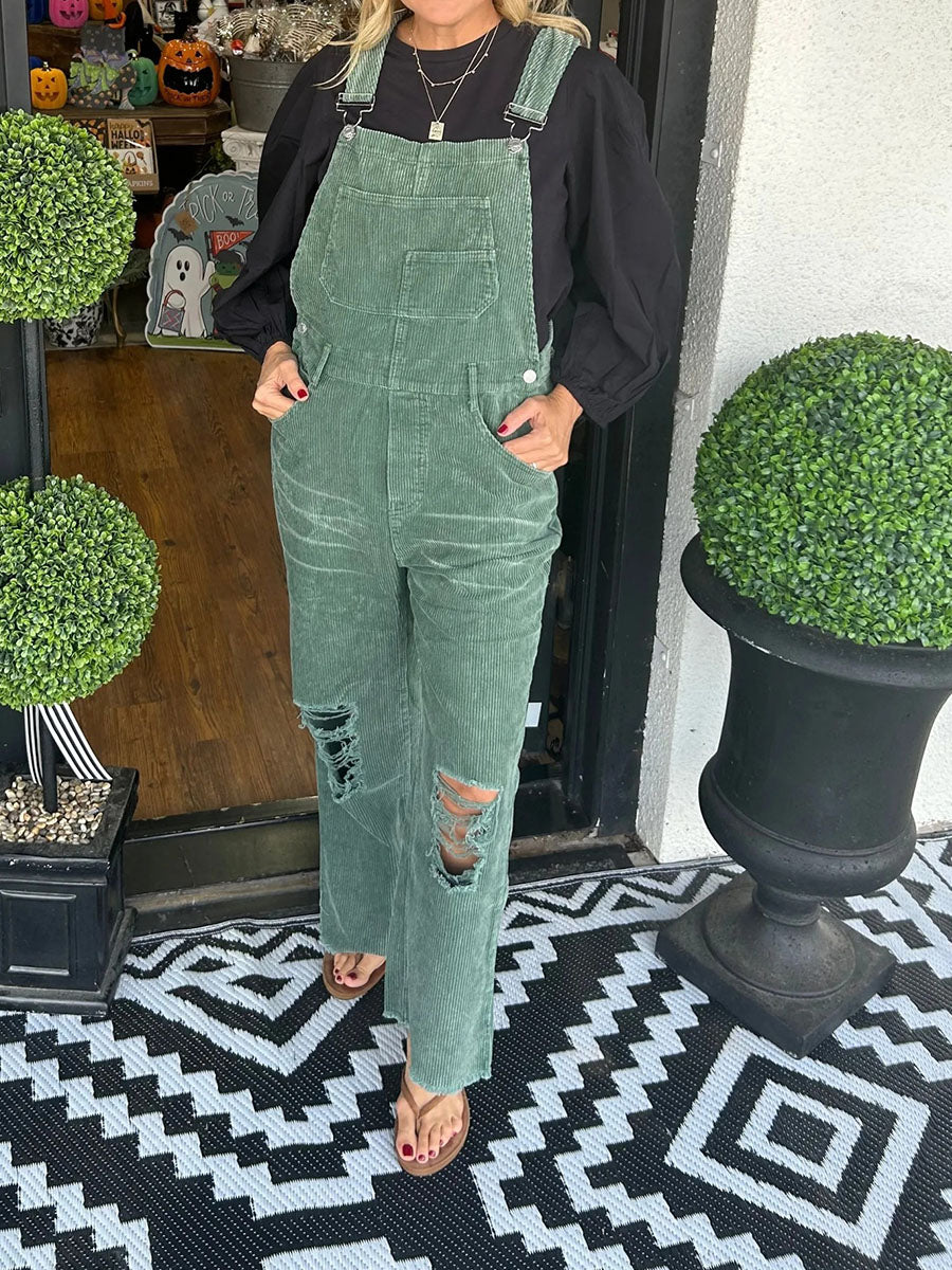 Women’s Vintage-Inspired Distressed Corduroy Overalls-Jumpsuits & Overalls-Green-S-Camoufit