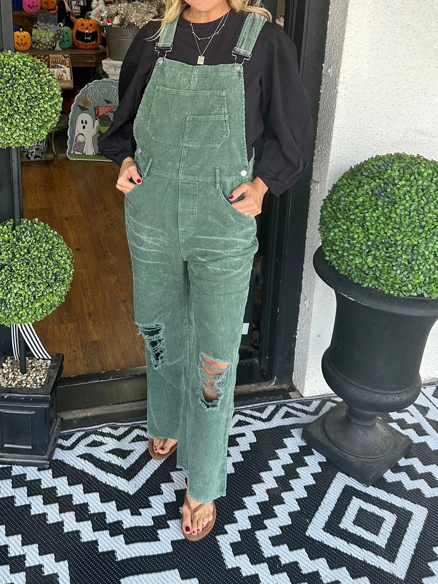 Women’s Vintage-Inspired Distressed Corduroy Overalls-Jumpsuits & Overalls-CAMOUFIT-Green-S-Camoufit