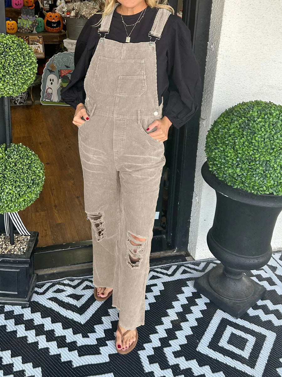 Women’s Vintage-Inspired Distressed Corduroy Overalls-Jumpsuits & Overalls-Khaki-S-Camoufit
