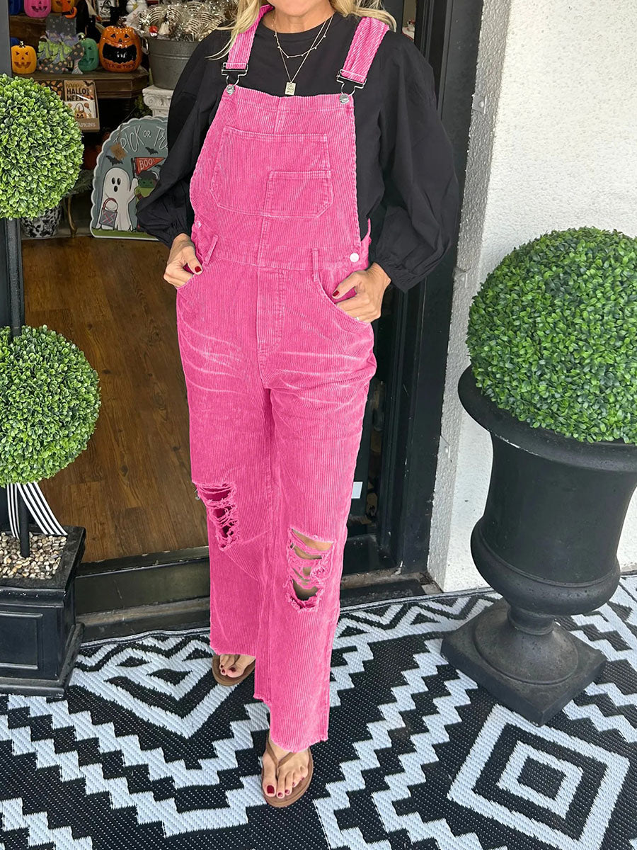 Women’s Vintage-Inspired Distressed Corduroy Overalls-Jumpsuits & Overalls-Pink-S-Camoufit