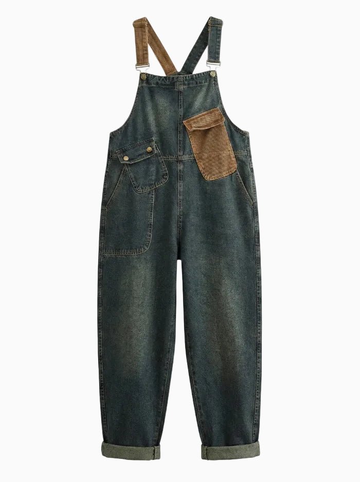 Women's Contrast Washed Denim Overalls-Jumpsuits & Overalls-CAMOUFIT-Blue-M-Camoufit