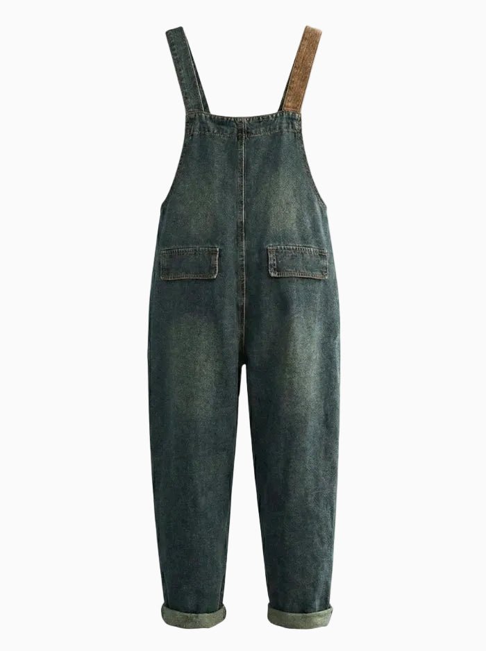 Women's Contrast Washed Denim Overalls-Jumpsuits & Overalls-CAMOUFIT-Blue-M-Camoufit