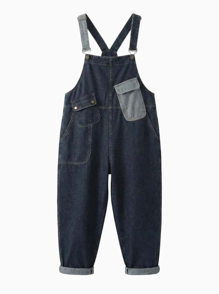 Women's Contrast Washed Denim Overalls-Jumpsuits & Overalls-CAMOUFIT-Blue-M-Camoufit
