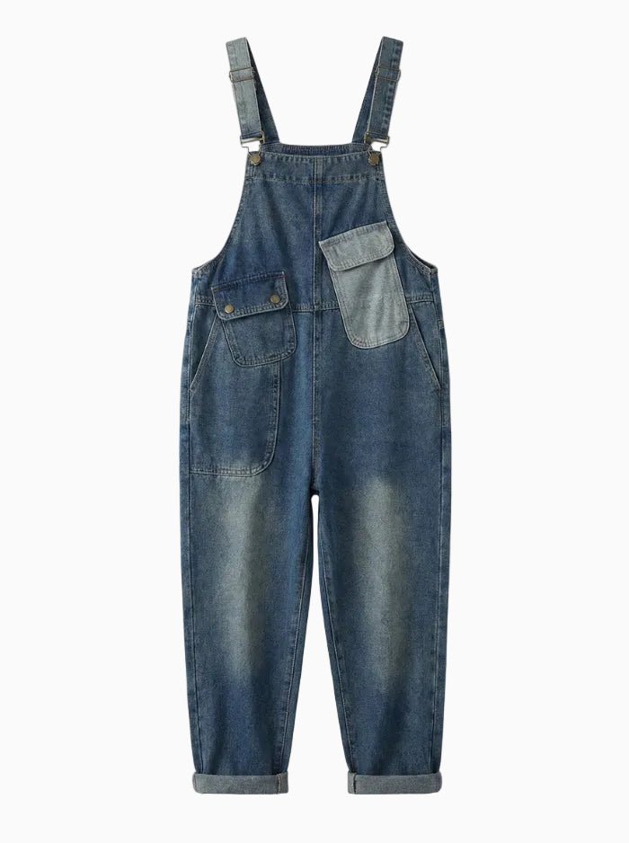 Women's Contrast Washed Denim Overalls-Jumpsuits & Overalls-CAMOUFIT-Blue-M-Camoufit