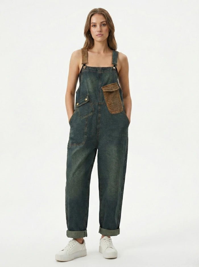 Women's Contrast Washed Denim Overalls-Jumpsuits & Overalls-CAMOUFIT-Blue-M-Camoufit