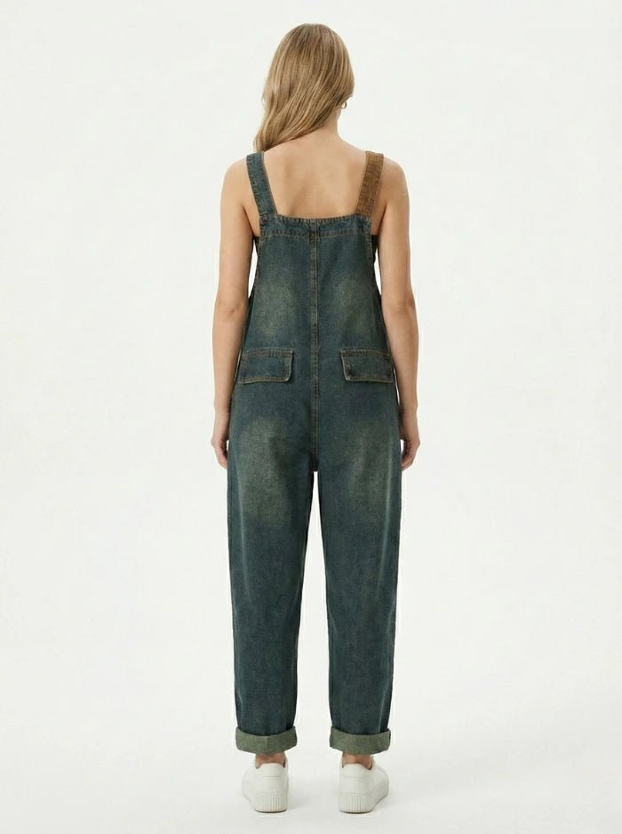 Women's Contrast Washed Denim Overalls-Jumpsuits & Overalls-CAMOUFIT-Blue-M-Camoufit