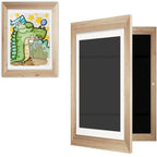 Kids magnetic art display frame, light wood border with artwork and open back
