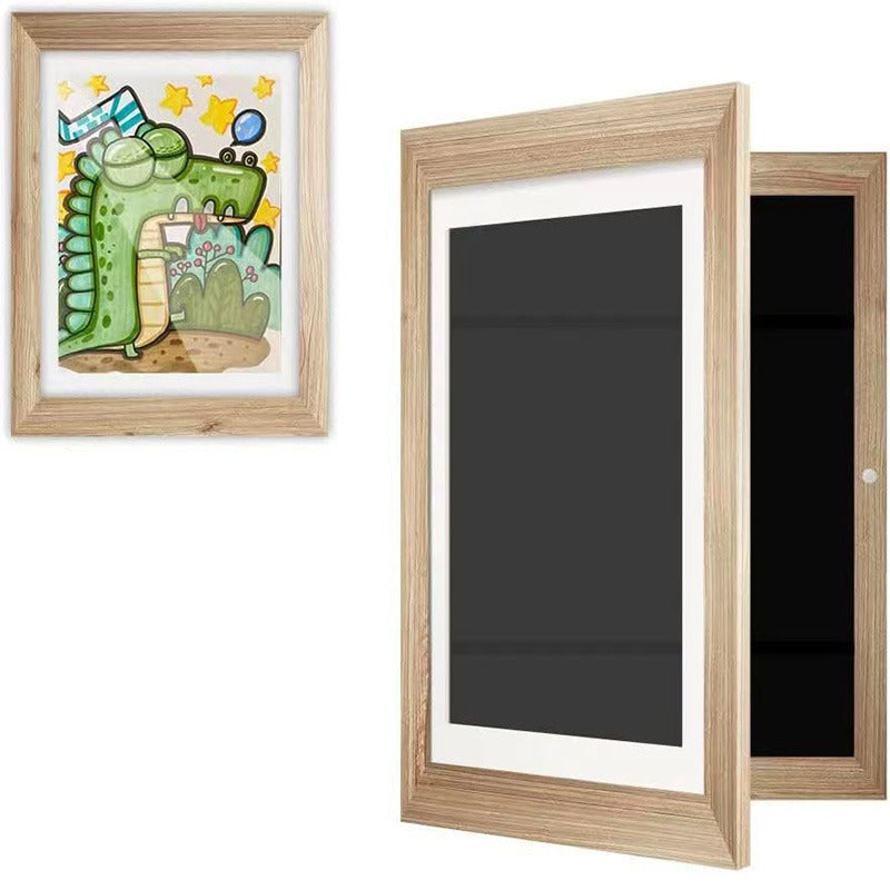 Kids magnetic art display frame, light wood border with artwork and open back