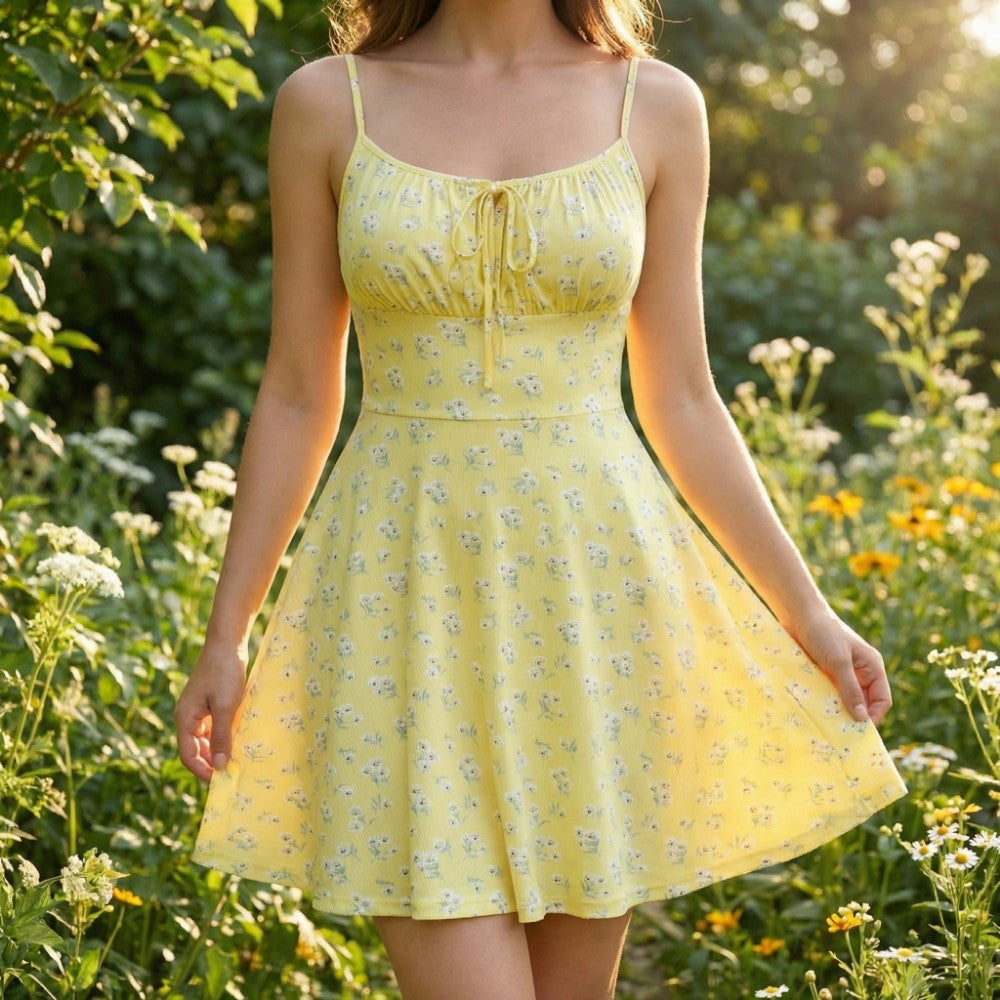 Women's Floral Cami Mini Sundress with Ruched Bust Tie Front A-Line Spaghetti Strap Dress-Mini Dress-Yellow-XS-