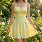 Women's Floral Cami Mini Sundress with Ruched Bust Tie Front A-Line Spaghetti Strap Dress-Mini Dress-Yellow-XS-