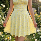 Women's Floral Cami Mini Sundress with Ruched Bust Tie Front A-Line Spaghetti Strap Dress-Mini Dress-Yellow-XS-