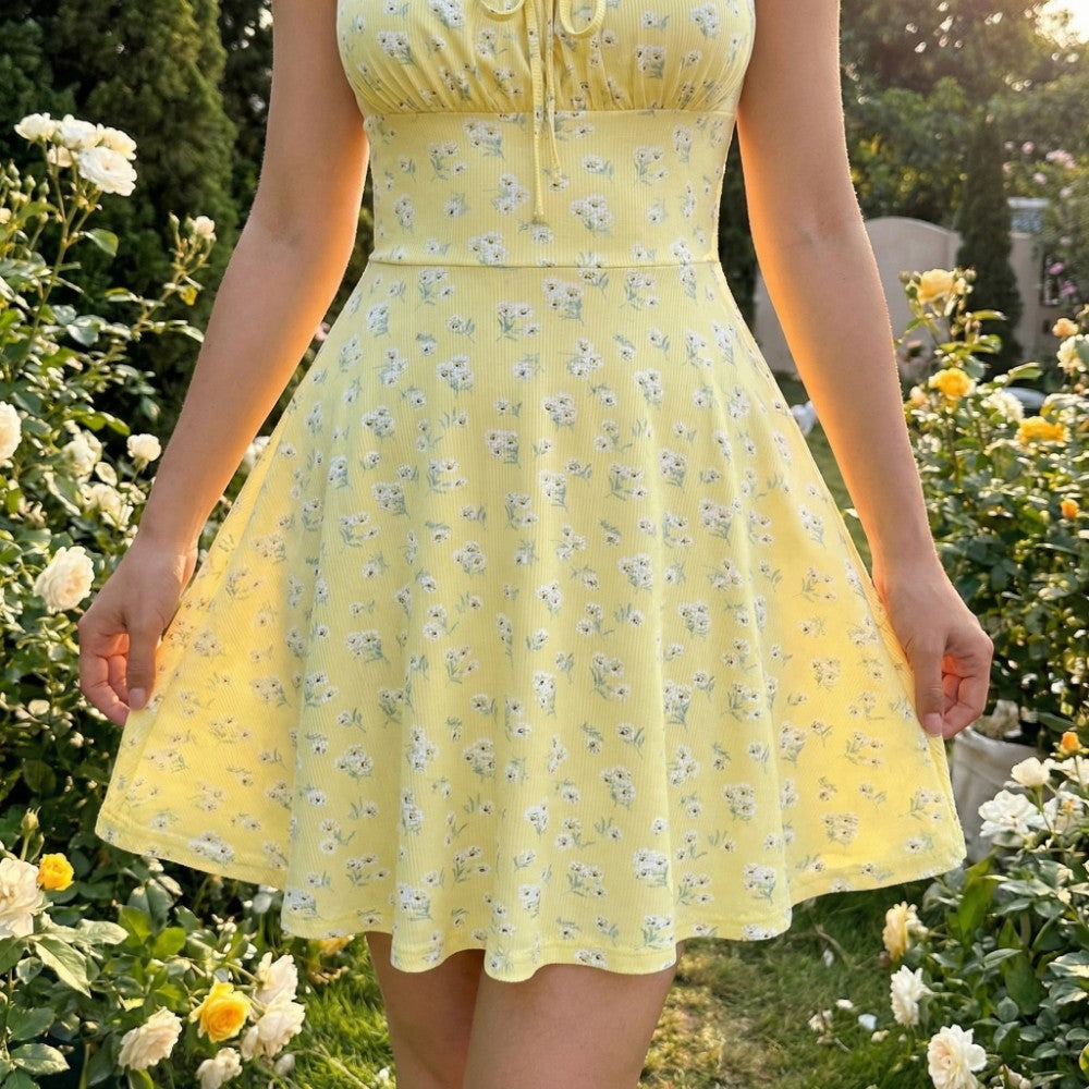 Women's Floral Cami Mini Sundress with Ruched Bust Tie Front A-Line Spaghetti Strap Dress-Mini Dress-Yellow-XS-