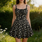 Women's Floral Cami Mini Sundress with Ruched Bust Tie Front A-Line Spaghetti Strap Dress-Mini Dress-Black-XS-