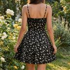 Women's Floral Cami Mini Sundress with Ruched Bust Tie Front A-Line Spaghetti Strap Dress-Mini Dress-Yellow-XS-
