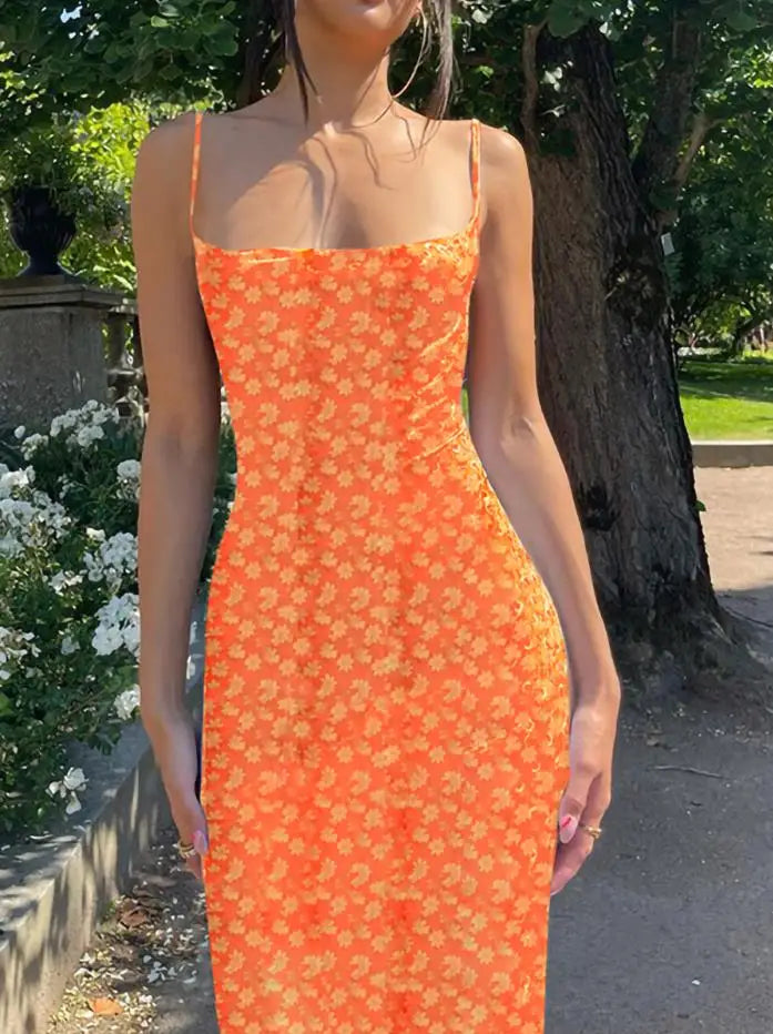 Women's Y2K Floral Print Bodycon Maxi Dress with Spaghetti Straps Square Neck Long Sundress-Floral Printed Dress-Orange-S-