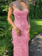 Women's Y2K Floral Print Bodycon Maxi Dress with Spaghetti Straps Square Neck Long Sundress-Floral Printed Dress-Pink-S-