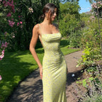 Women's Y2K Floral Print Bodycon Maxi Dress with Spaghetti Straps Square Neck Long Sundress-Floral Printed Dress-Yellow-S-