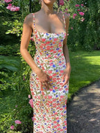 Women's Y2K Floral Print Bodycon Maxi Dress with Spaghetti Straps Square Neck Long Sundress-Floral Printed Dress-Multicolour-S-