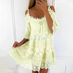 Meliora | Cold Shoulder Mini Dress for Women - Lace Floral Embroidery Regular Summer Fit-Mini Dress-Yellow-S-Camoufit