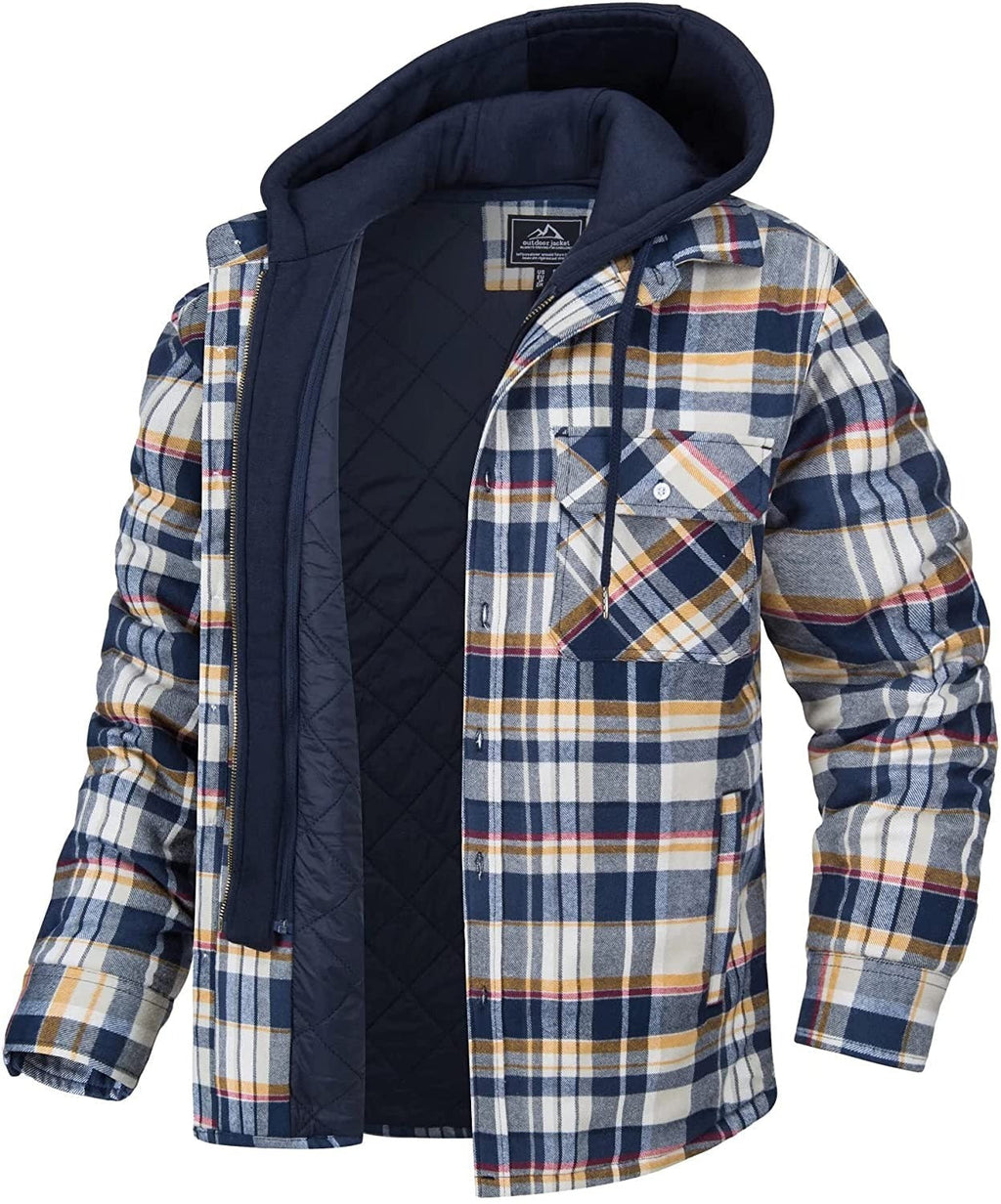 Plaid hooded jacket with warm lining, navy base and multicolor check.