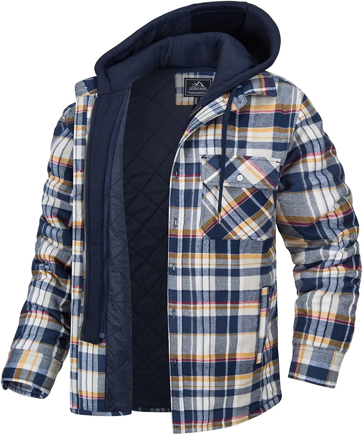 Plaid hooded jacket with warm lining, navy base and multicolor check.