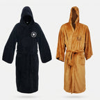 Men's hooded flannel robe set, black and brown, long with belt
