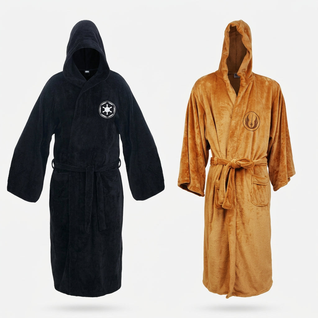 Men's hooded flannel robe set, black and brown, long with belt