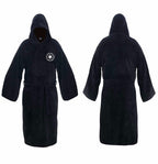 Men's hooded flannel robe, black, front and back views with belt