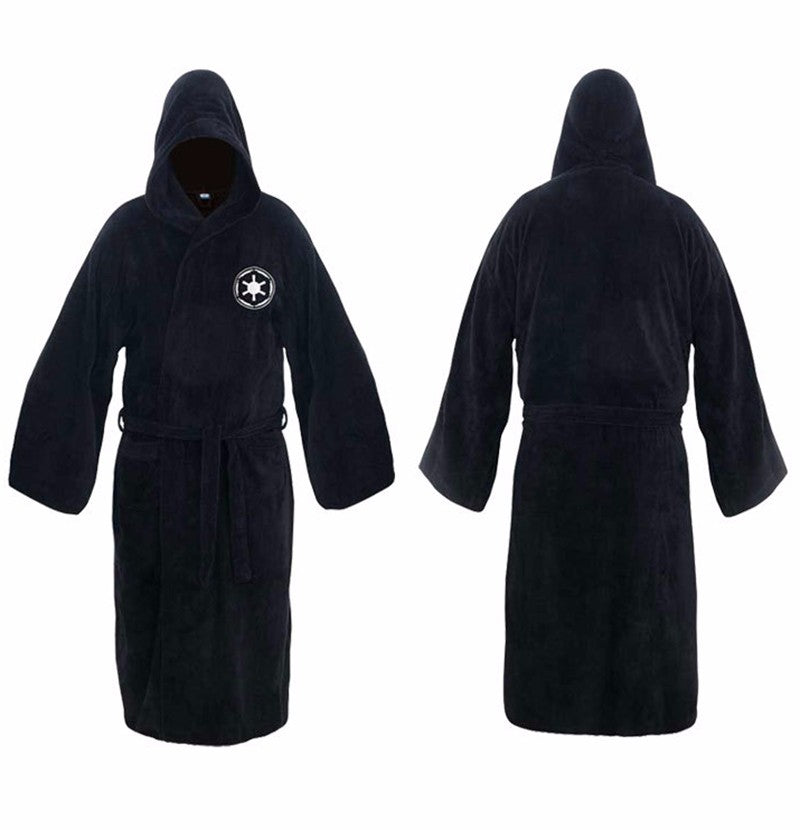 Men's hooded flannel robe, black, front and back views with belt