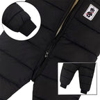 Black baby snowsuit with bear-ear hood, front zipper, and elastic cuffs at wrists