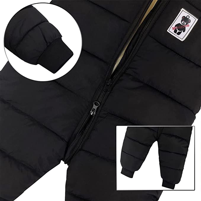 Black baby snowsuit with bear-ear hood, front zipper, and elastic cuffs at wrists