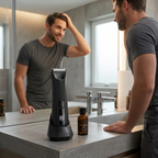 A man in a bathroom stands in front of a mirror while using a black electric hair clipper on his hair. The clipper sits on a charging base on the bathroom counter, with a small amber bottle beside it.
