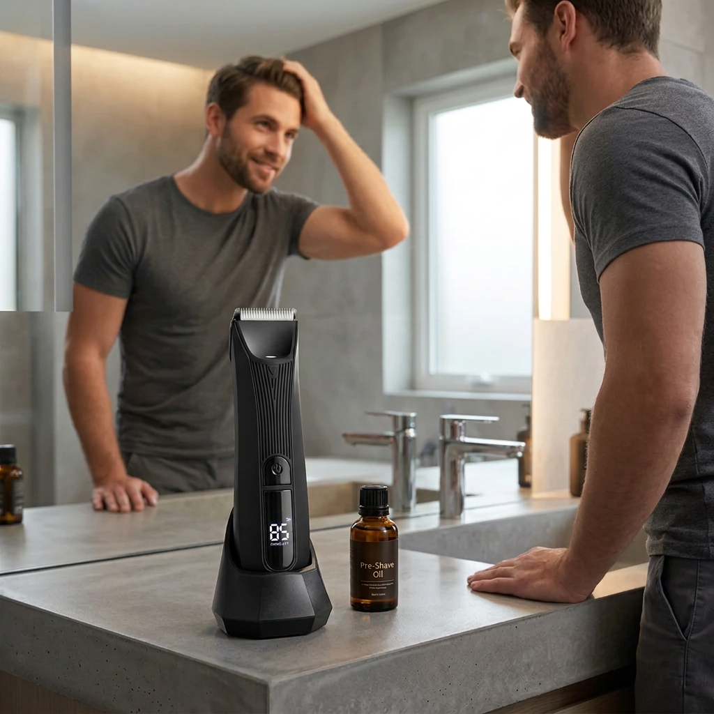 A man in a bathroom stands in front of a mirror while using a black electric hair clipper on his hair. The clipper sits on a charging base on the bathroom counter, with a small amber bottle beside it.