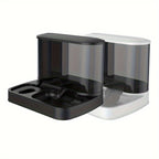 2-in-1 pet feeder and water dispenser, black unit with two recessed feeding areas.