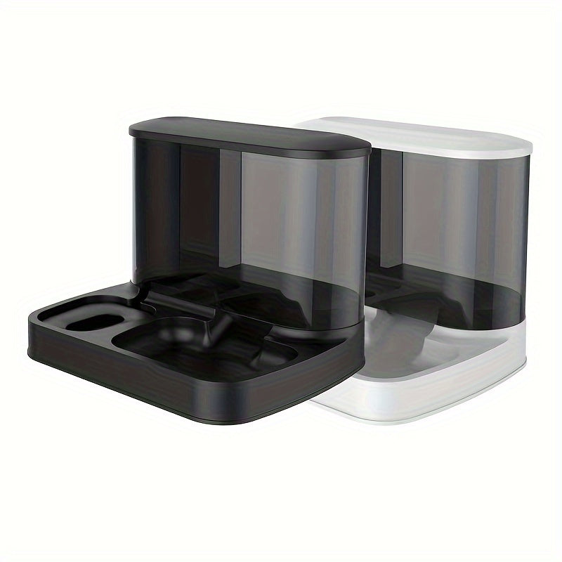 2-in-1 pet feeder and water dispenser, black unit with two recessed feeding areas.