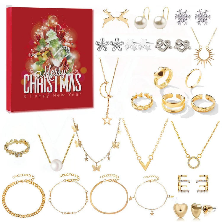Jewelry advent calendar card with mixed gold-tone rings, necklaces, earrings, bracelets
