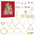 Jewelry advent calendar card with mixed gold-tone rings, necklaces, earrings, bracelets