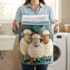 Quilted fabric laundry hamper with sheep appliques, teal pattern, foldable